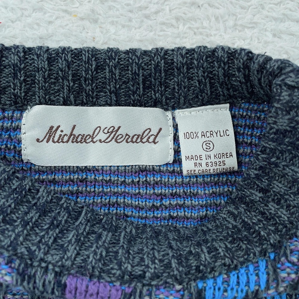 Vintage Michael Gerald 3d Textured Knit Sweater Mens XS Abstract Gray Blue 90s - Picture 7 of 7